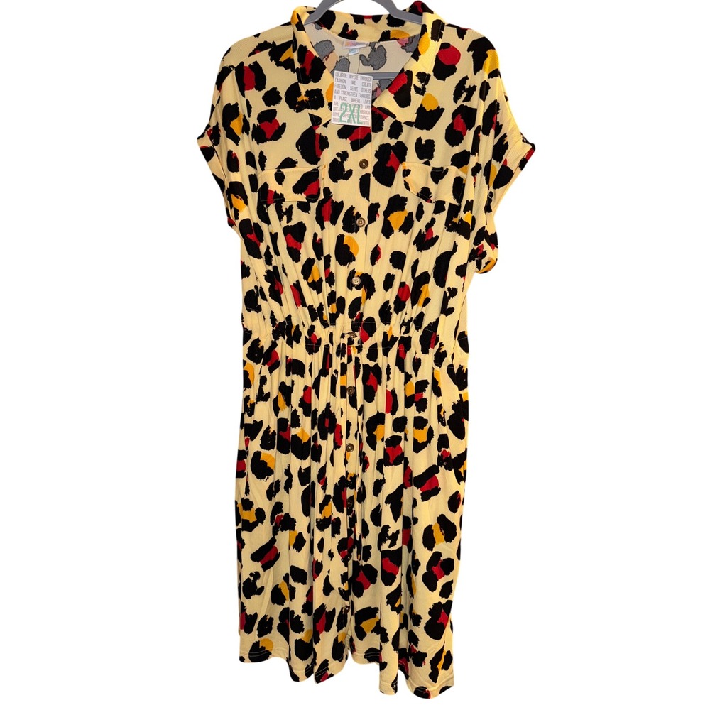 LuLaRoe Stacie‎ Dress 2XL Animal Print Button Front Collared Short Sleeve NWT